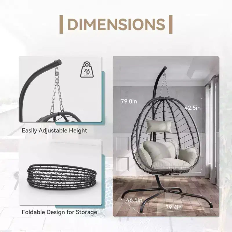 Chaise suspendue œuf d'intérieur/extérieur en rotin avec support métallique, balançoire hamac avec appuie-tête rembourré, capacité de 220 kg