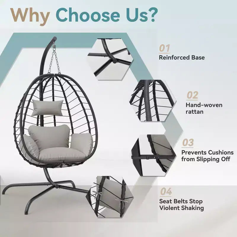 Chaise suspendue œuf d'intérieur/extérieur en rotin avec support métallique, balançoire hamac avec appuie-tête rembourré, capacité de 220 kg