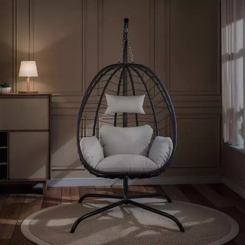 Chaise suspendue œuf d'intérieur/extérieur en rotin avec support métallique, balançoire hamac avec appuie-tête rembourré, capacité de 220 kg