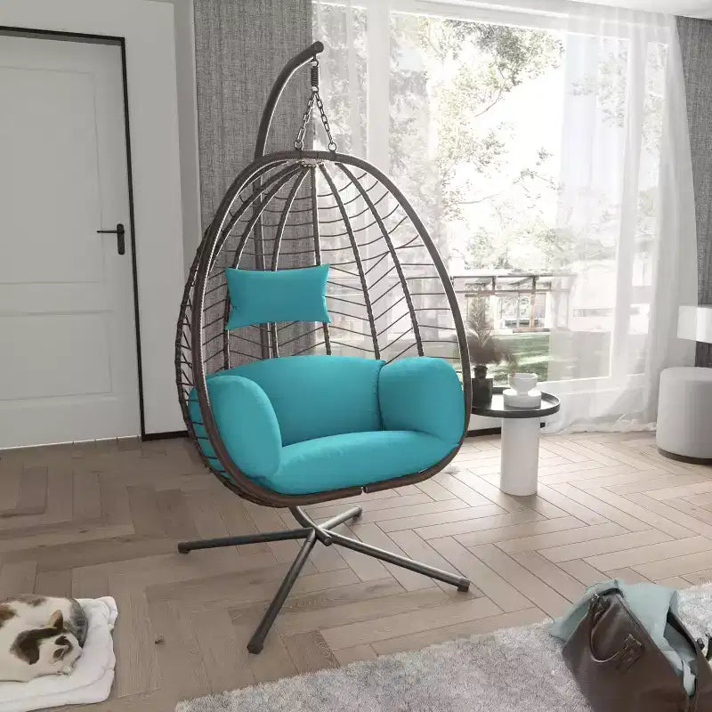 Chaise suspendue œuf d'intérieur/extérieur en rotin avec support métallique, balançoire hamac avec appuie-tête rembourré, capacité de 220 kg