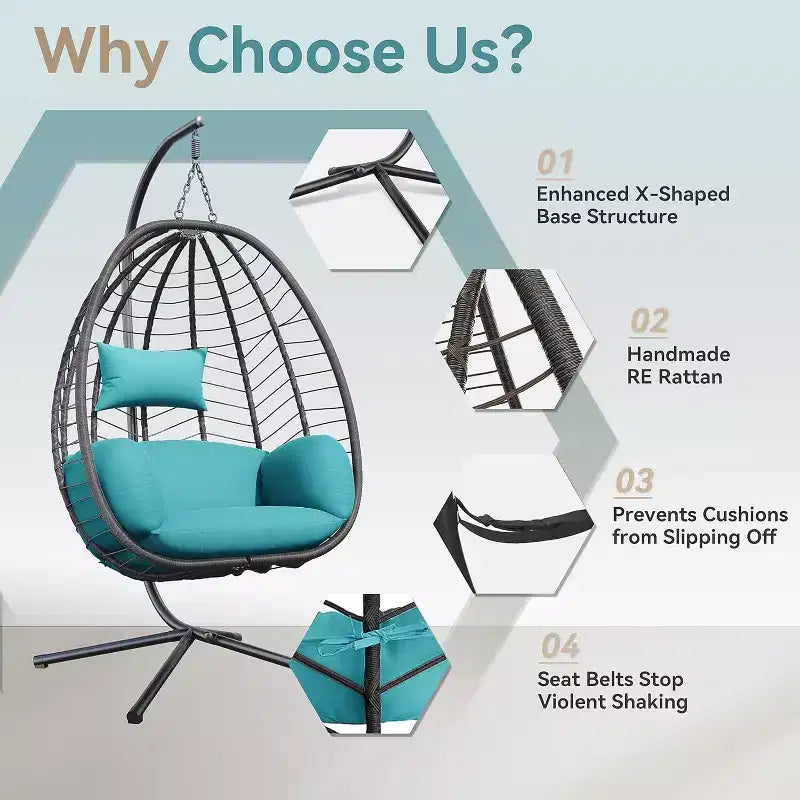 Chaise suspendue œuf d'intérieur/extérieur en rotin avec support métallique, balançoire hamac avec appuie-tête rembourré, capacité de 220 kg