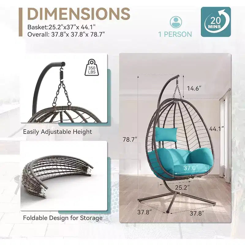Chaise suspendue œuf d'intérieur/extérieur en rotin avec support métallique, balançoire hamac avec appuie-tête rembourré, capacité de 220 kg