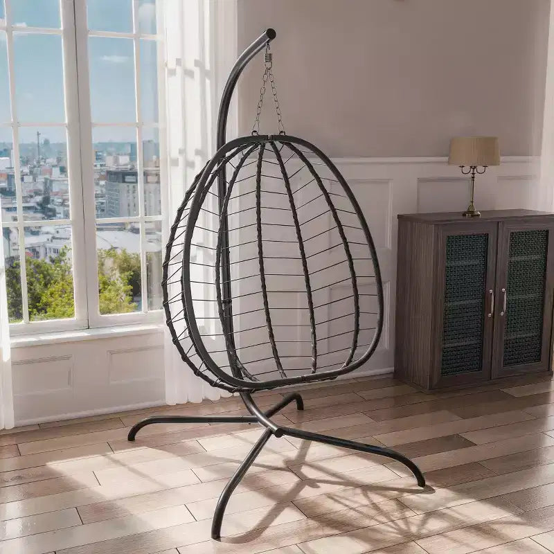 Chaise suspendue œuf d'intérieur/extérieur en rotin avec support métallique, balançoire hamac avec appuie-tête rembourré, capacité de 220 kg
