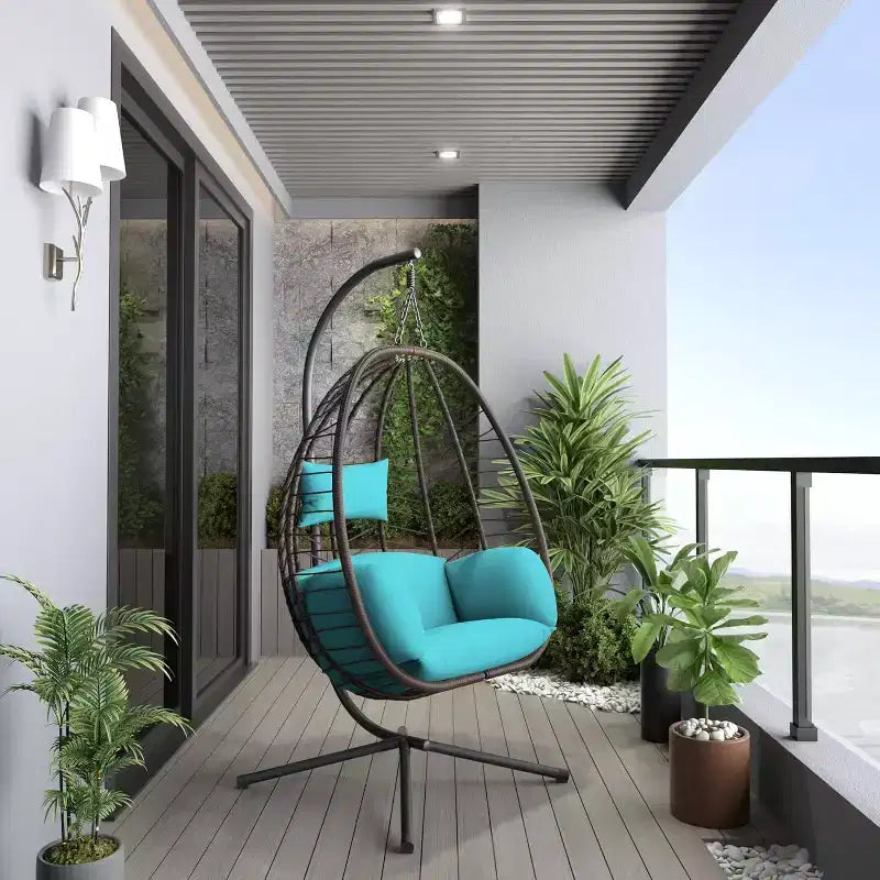ALAULM Egg Swing Chair Indoor/Outdoor Patio Wicker Rattan Hanging Egg Chair w/Metal Stand, Hammock Swing w/Cushioned Headrest, 485lb Capacity