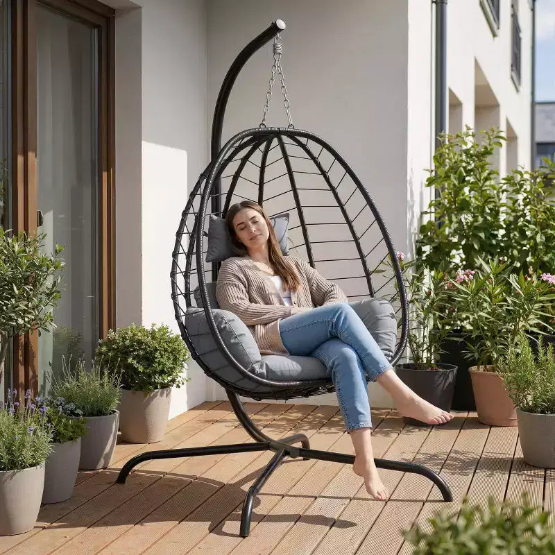 Chaise suspendue œuf d'intérieur/extérieur en rotin avec support métallique, balançoire hamac avec appuie-tête rembourré, capacité de 220 kg