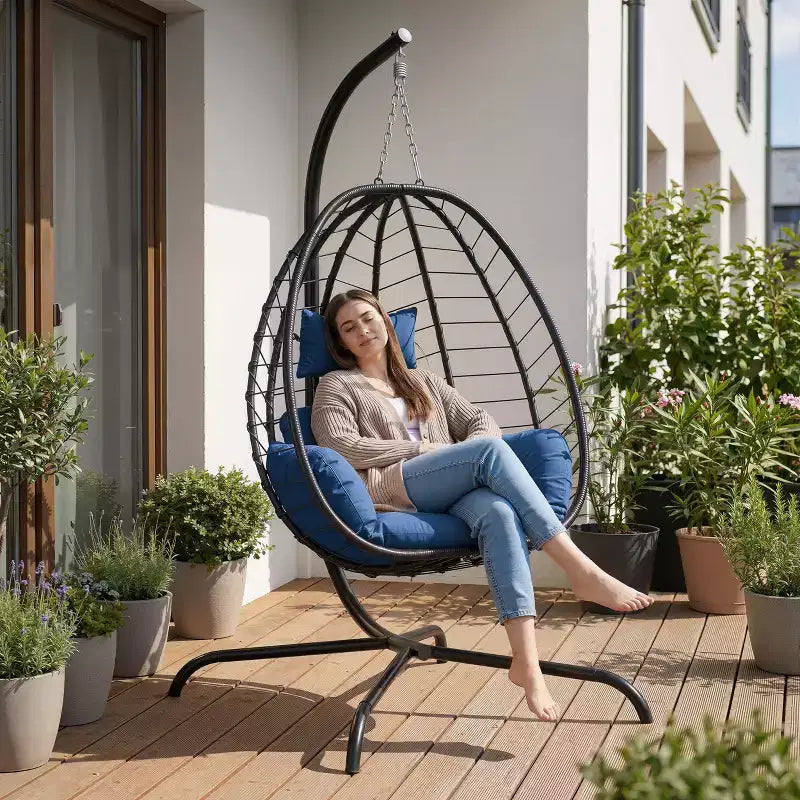 Chaise suspendue œuf d'intérieur/extérieur en rotin avec support métallique, balançoire hamac avec appuie-tête rembourré, capacité de 220 kg