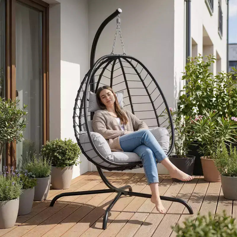 Chaise suspendue œuf d'intérieur/extérieur en rotin avec support métallique, balançoire hamac avec appuie-tête rembourré, capacité de 220 kg