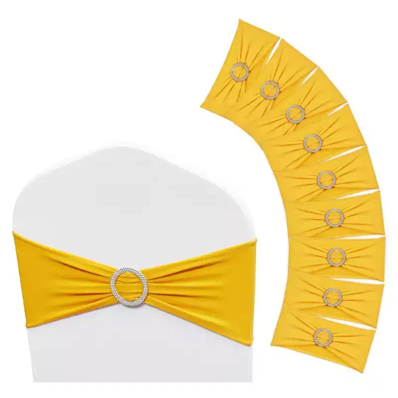 VIYET 100PCS Golden Yellow Stretch Spandex Chair Sashes with Round Buckle, Elastic Chair Bands for Wedding/Banquet/Party Decoration