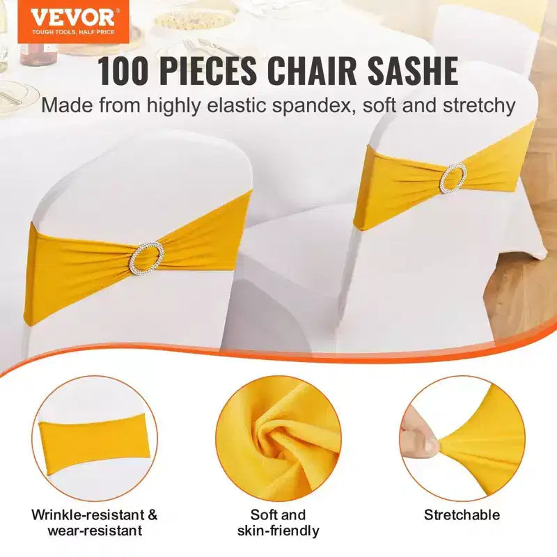 Bandes de chaise extensibles en spandex jaune doré avec boucle ronde, élastiques de chaise pour la décoration de mariage/banquet/fête
