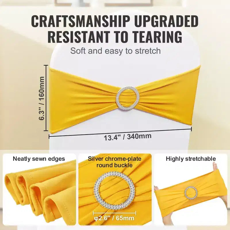Bandes de chaise extensibles en spandex jaune doré avec boucle ronde, élastiques de chaise pour la décoration de mariage/banquet/fête