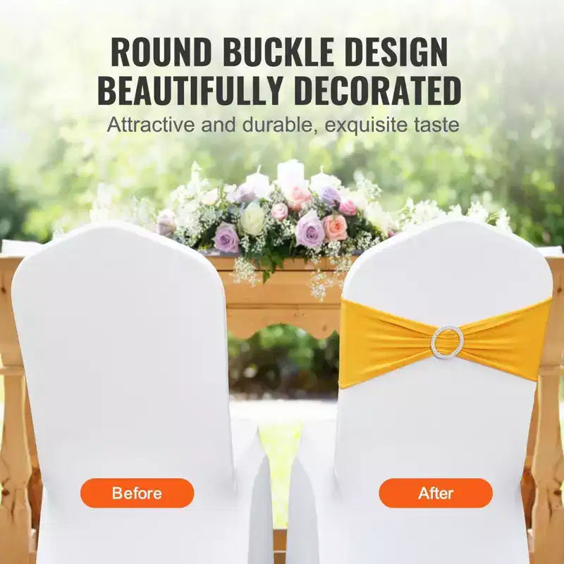 Bandes de chaise extensibles en spandex jaune doré avec boucle ronde, élastiques de chaise pour la décoration de mariage/banquet/fête