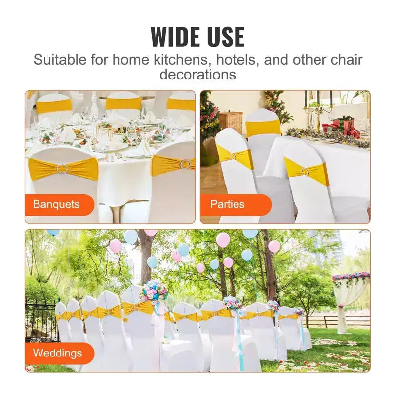 Bandes de chaise extensibles en spandex jaune doré avec boucle ronde, élastiques de chaise pour la décoration de mariage/banquet/fête