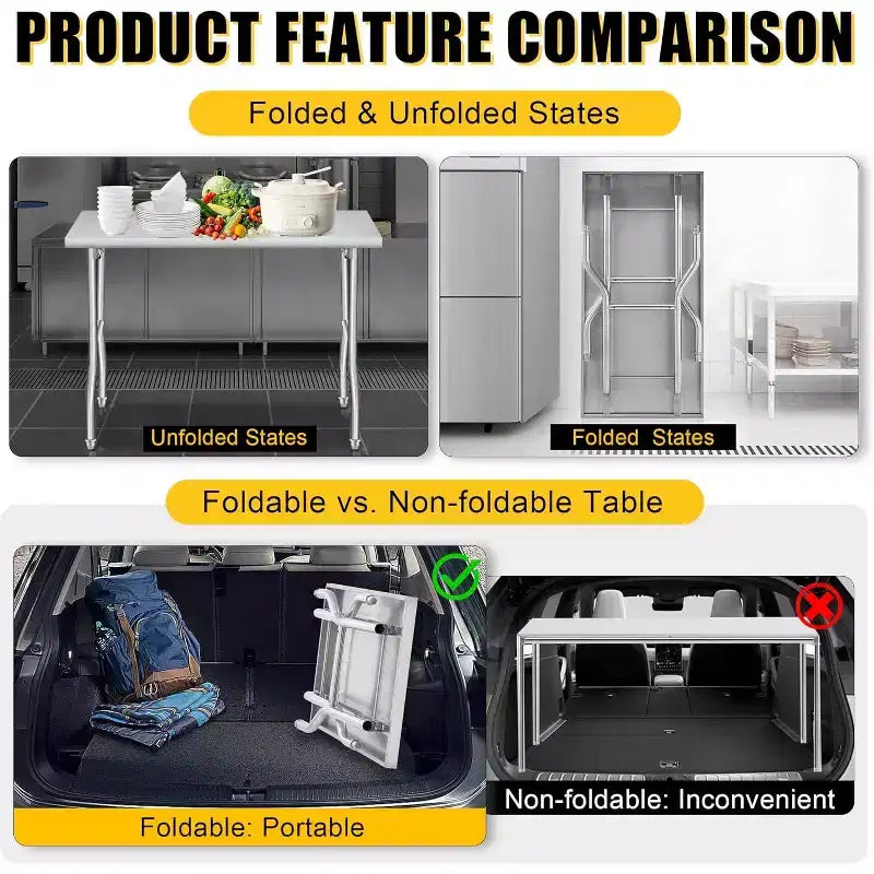 Table de travail pliante en acier inoxydable, 122 x 76 cm, table de préparation portable robuste avec capacité de 180 kg pour cuisine, garage, restaurant