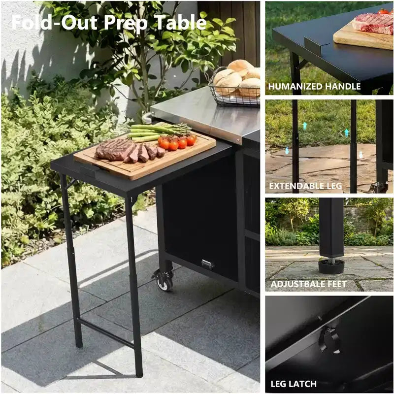 Dessert de barbecue extérieur grand format de 183 cm, îlot de cuisine avec comptoir en acier inoxydable, table pliante et armoires de rangement - Noir