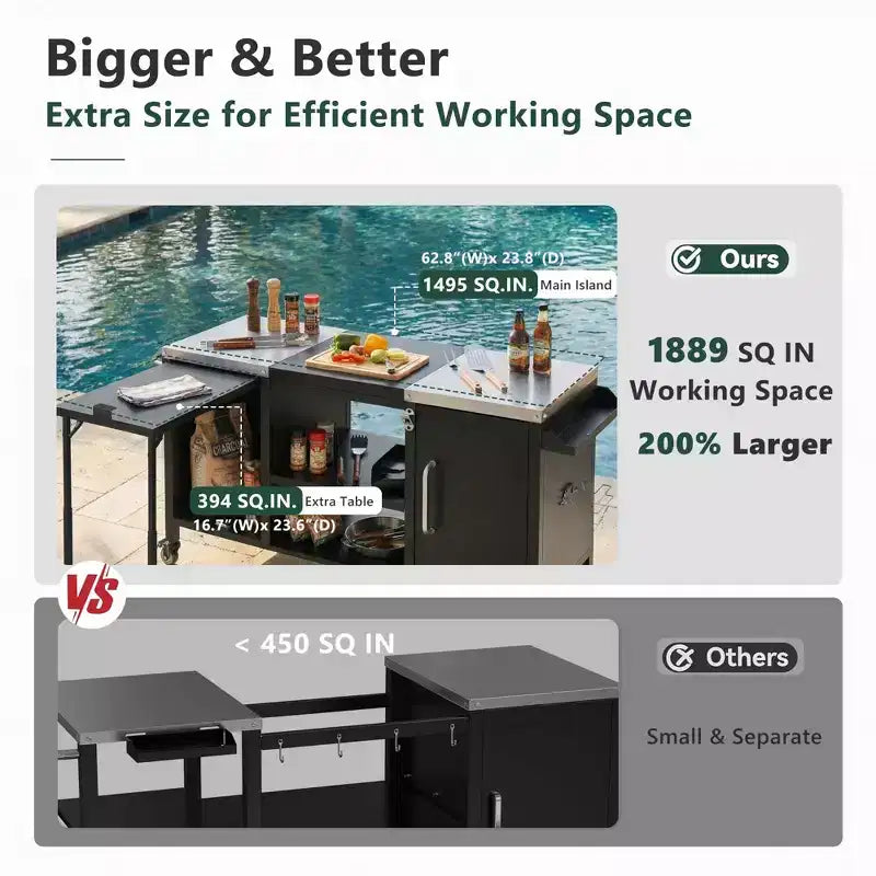 Dessert de barbecue extérieur grand format de 183 cm, îlot de cuisine avec comptoir en acier inoxydable, table pliante et armoires de rangement - Noir