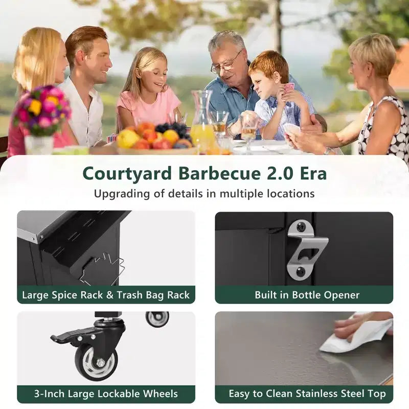 Dessert de barbecue extérieur grand format de 183 cm, îlot de cuisine avec comptoir en acier inoxydable, table pliante et armoires de rangement - Noir