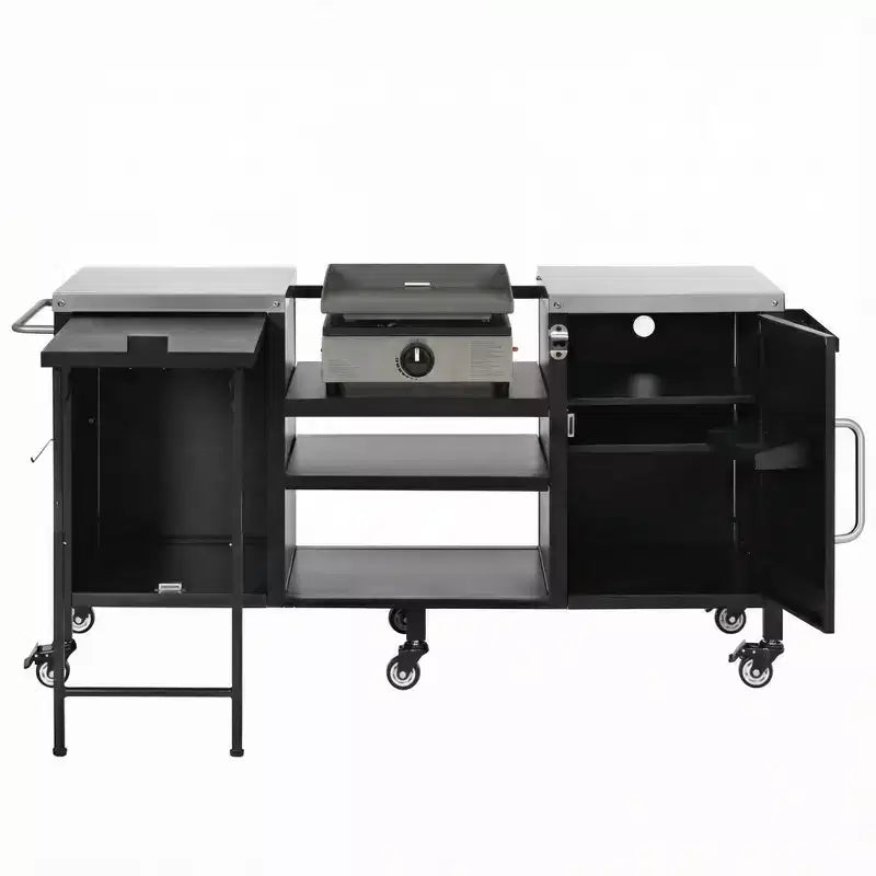 Dessert de barbecue extérieur grand format de 183 cm, îlot de cuisine avec comptoir en acier inoxydable, table pliante et armoires de rangement - Noir