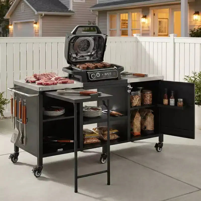 Dessert de barbecue extérieur grand format de 183 cm, îlot de cuisine avec comptoir en acier inoxydable, table pliante et armoires de rangement - Noir
