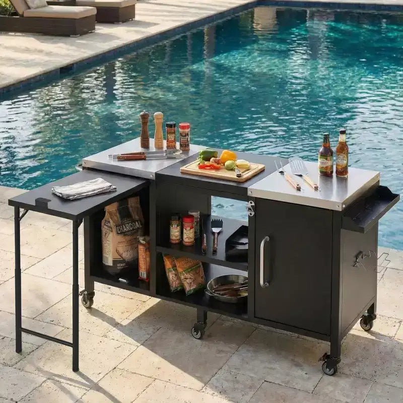 Dessert de barbecue extérieur grand format de 183 cm, îlot de cuisine avec comptoir en acier inoxydable, table pliante et armoires de rangement - Noir