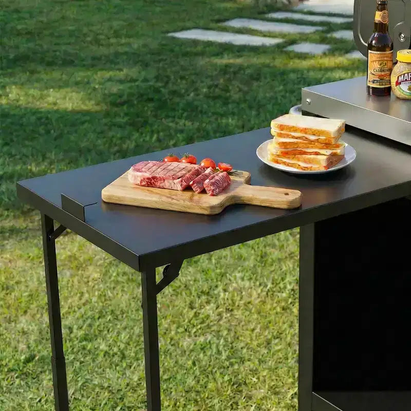 Dessert de barbecue extérieur grand format de 183 cm, îlot de cuisine avec comptoir en acier inoxydable, table pliante et armoires de rangement - Noir