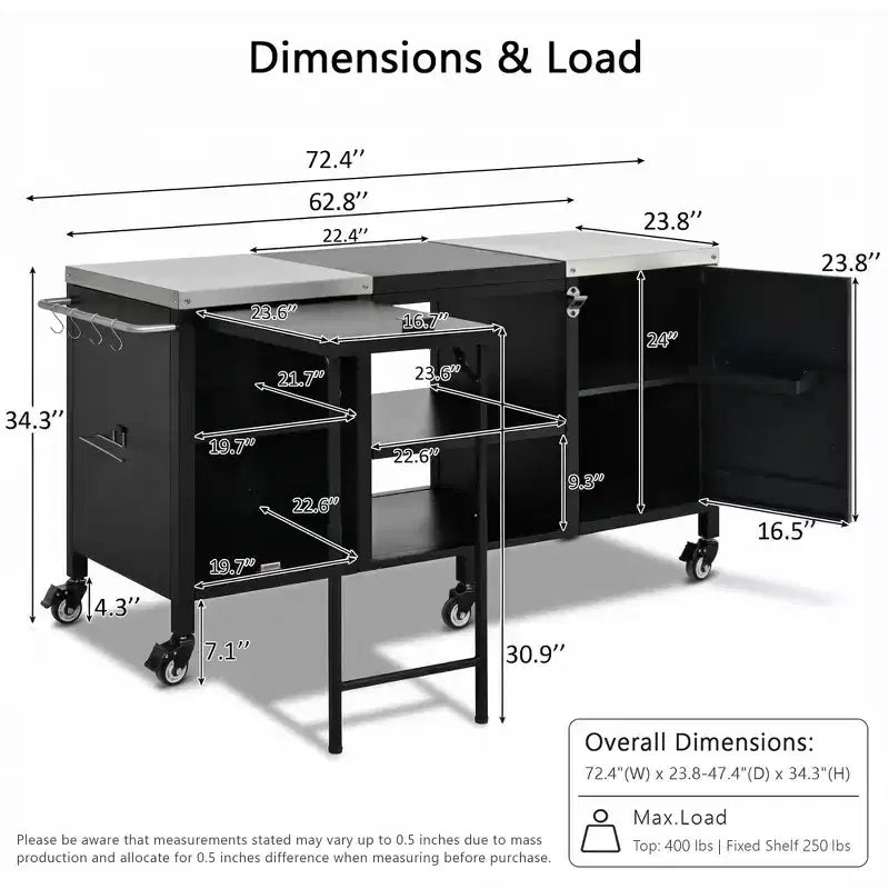 Dessert de barbecue extérieur grand format de 183 cm, îlot de cuisine avec comptoir en acier inoxydable, table pliante et armoires de rangement - Noir