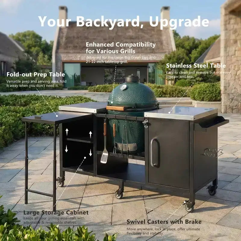Dessert de barbecue extérieur grand format de 183 cm, îlot de cuisine avec comptoir en acier inoxydable, table pliante et armoires de rangement - Noir