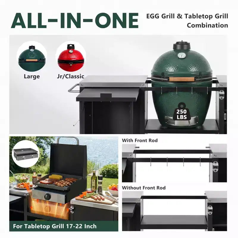 Dessert de barbecue extérieur grand format de 183 cm, îlot de cuisine avec comptoir en acier inoxydable, table pliante et armoires de rangement - Noir