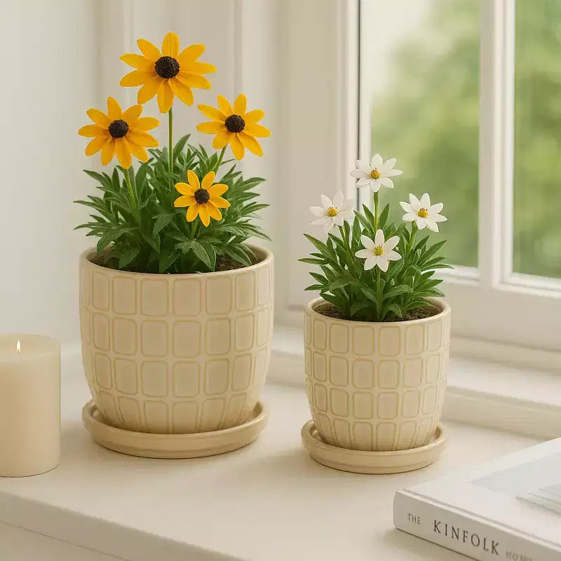 Decorative Flower Planter with Squoval Pattern and Saucer Plate - Home Decor Plant Pots for Indoor and Outdoor Styling - Set of 2, 7, 6, Ivory