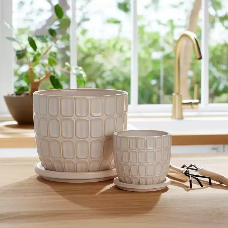 Jardinière décorative à motif squoval avec soucoupe – Pots de fleurs pour intérieur et extérieur, 7, 6, ivoire