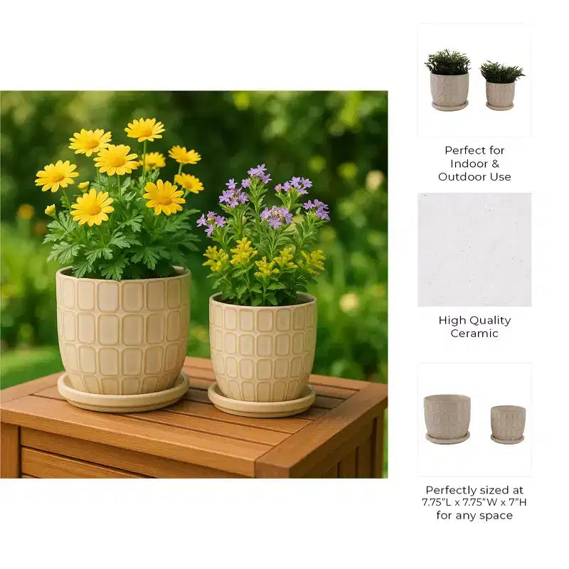 Jardinière décorative à motif squoval avec soucoupe – Pots de fleurs pour intérieur et extérieur, 7, 6, ivoire