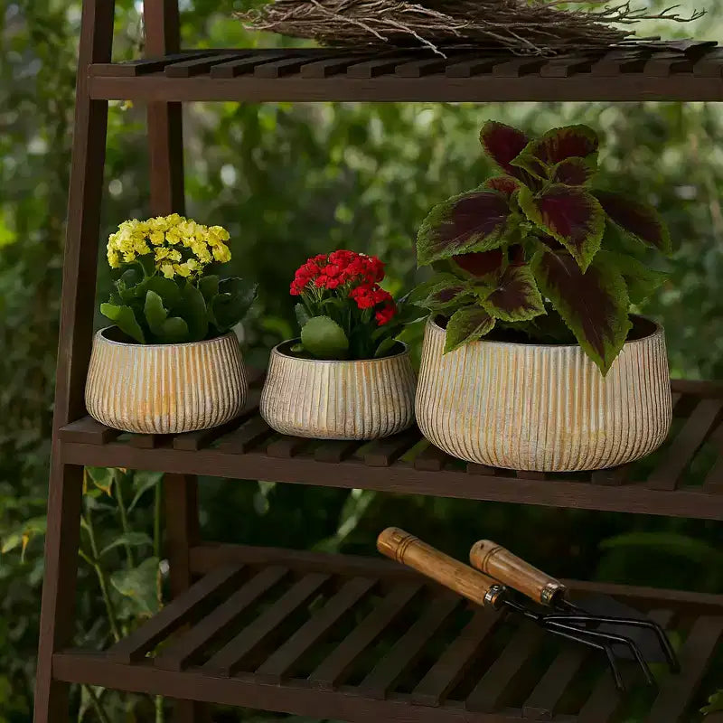 Pots de fleurs modernes en métal pour la décoration intérieure - Jardinières pour patio, salon ou entrée - Support de plantes d'intérieur - Lot de 3, 9, 5, 5, Or et marron