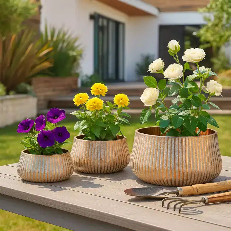 Pots de fleurs modernes en métal pour la décoration intérieure - Jardinières pour patio, salon ou entrée - Support de plantes d'intérieur - Lot de 3, 9, 5, 5, Or et marron