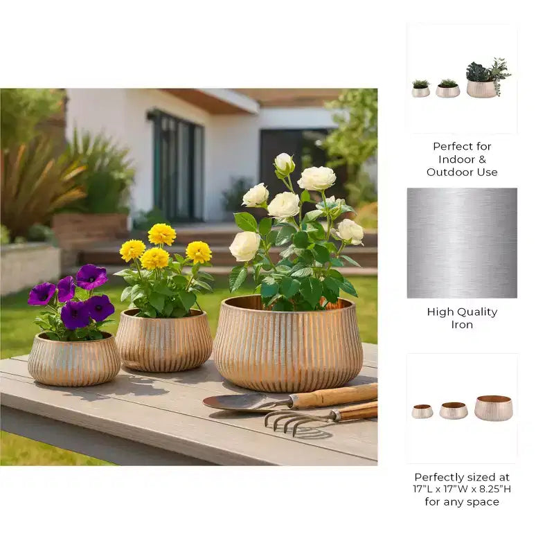 Pots de fleurs modernes en métal pour la décoration intérieure - Jardinières pour patio, salon ou entrée - Support de plantes d'intérieur - Lot de 3, 9, 5, 5, Or et marron