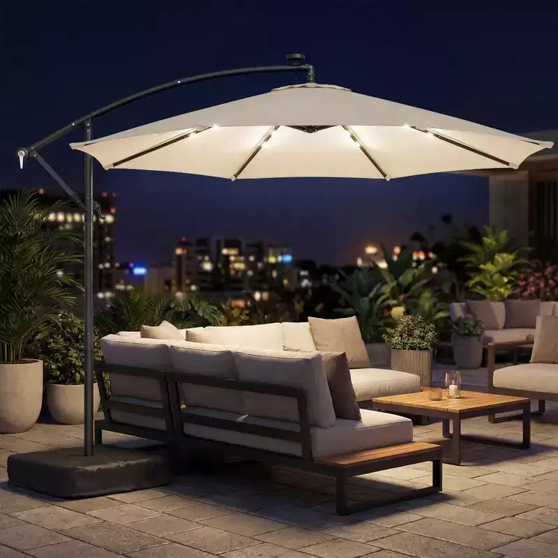 Parasol déporté avec lumière solaire LED, poids de sac de sable, parasol de jardin suspendu avec housse de protection, blanc crème
