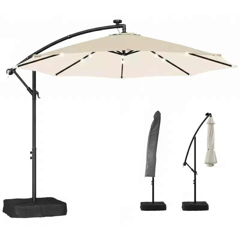 Parasol déporté avec lumière solaire LED, poids de sac de sable, parasol de jardin suspendu avec housse de protection, blanc crème