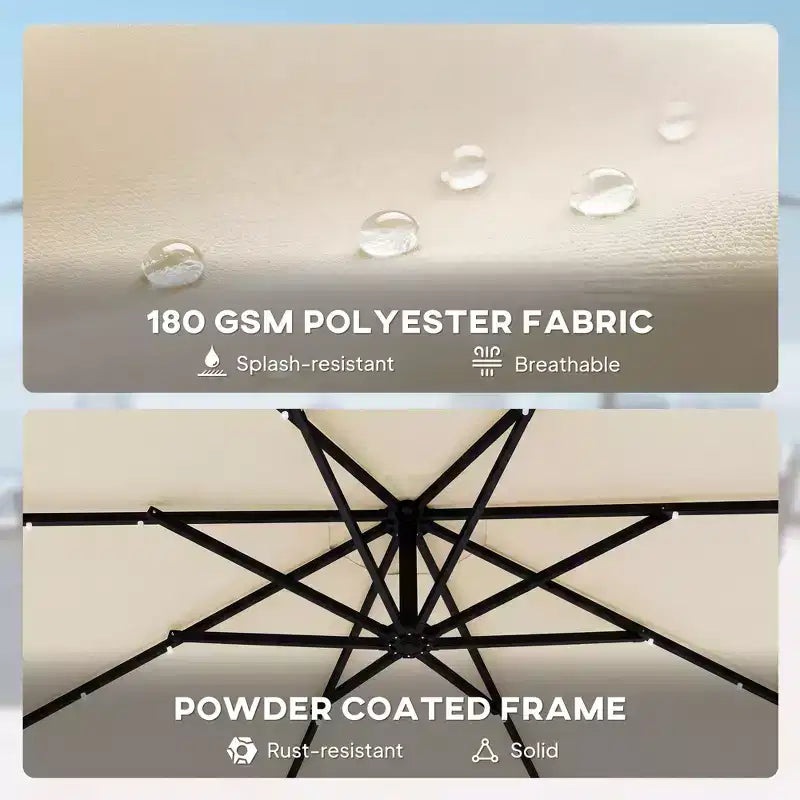 Parasol déporté avec lumière solaire LED, poids de sac de sable, parasol de jardin suspendu avec housse de protection, blanc crème