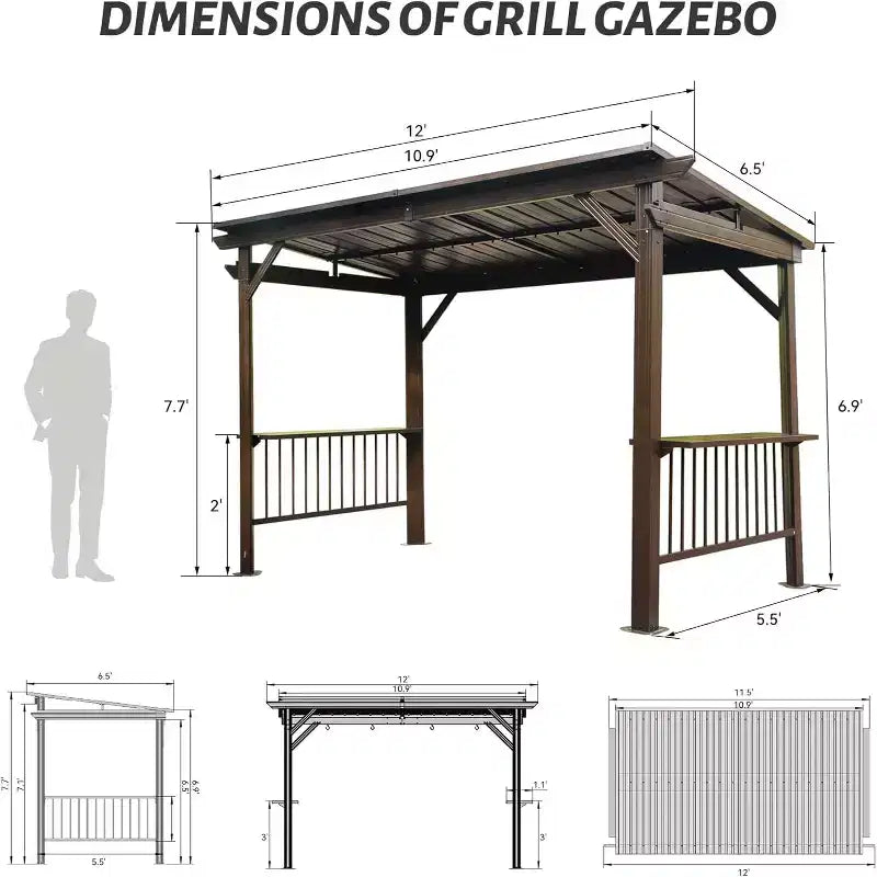 Tonnelle de barbecue à toit rigide 6,5 pi x 12 pi avec étagères latérales et crochets