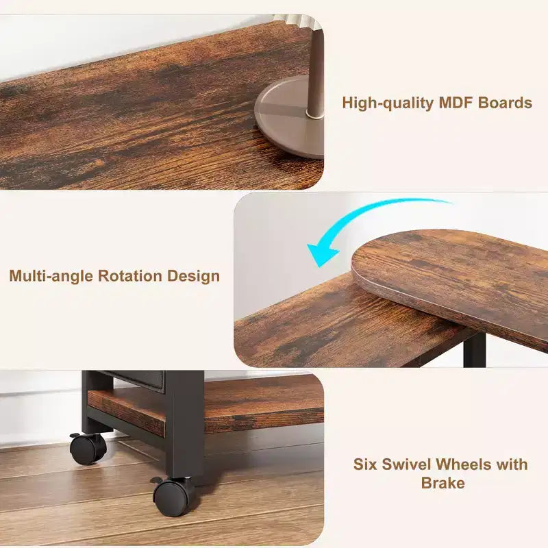 Table d'appoint pivotante avec roulettes blocables, sac de rangement supplémentaire, choisissez la taille et la couleur