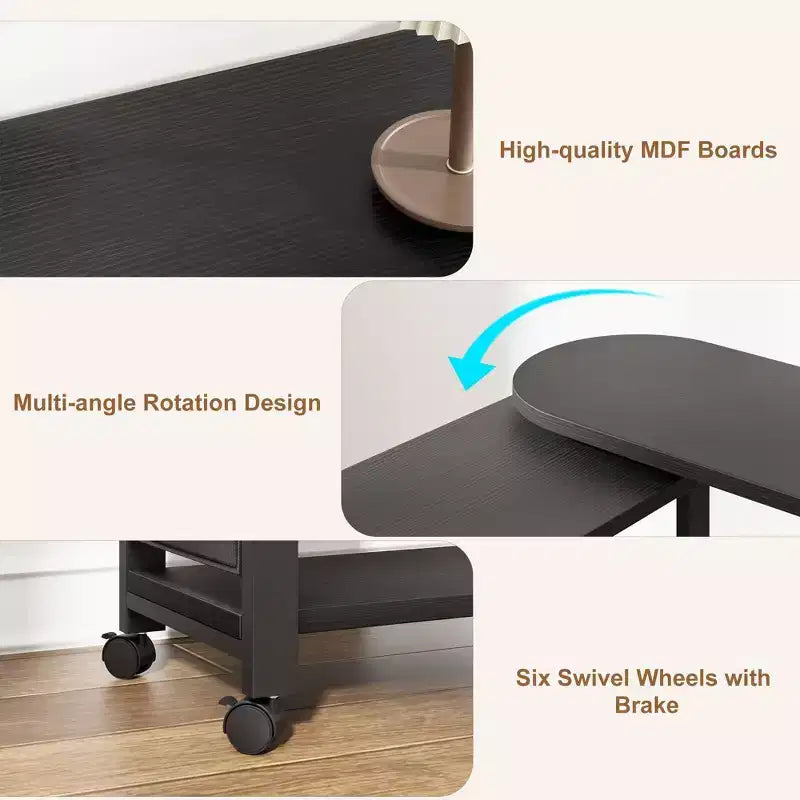Table d'appoint pivotante avec roulettes blocables, sac de rangement supplémentaire, choisissez la taille et la couleur