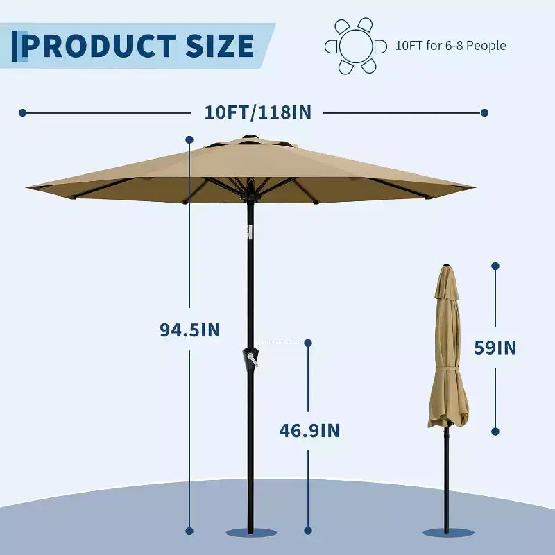 Parasol rond de 3 m, rotation à 360° par manivelle, inclinaison par bouton-poussoir, 8 baleines, protection UV imperméable, sans lumières, pour terrasse de piscine, cour, jardin