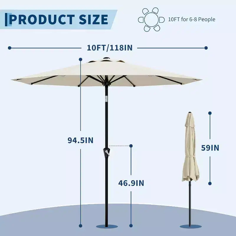 Parasol rond de 3 m, rotation à 360° par manivelle, inclinaison par bouton-poussoir, 8 baleines, protection UV imperméable, sans lumières, pour terrasse de piscine, cour, jardin