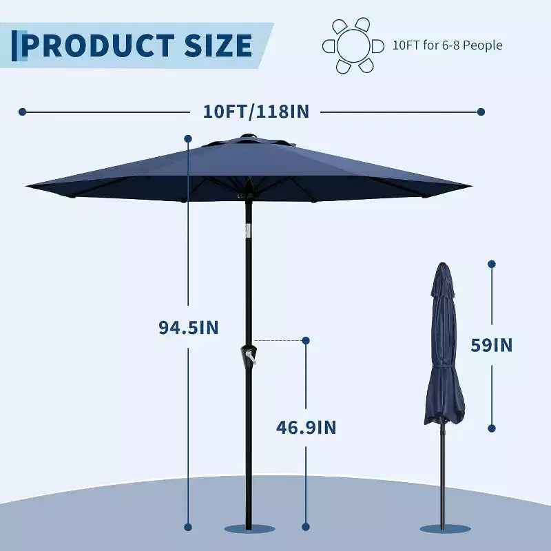 Parasol rond de 3 m, rotation à 360° par manivelle, inclinaison par bouton-poussoir, 8 baleines, protection UV imperméable, sans lumières, pour terrasse de piscine, cour, jardin