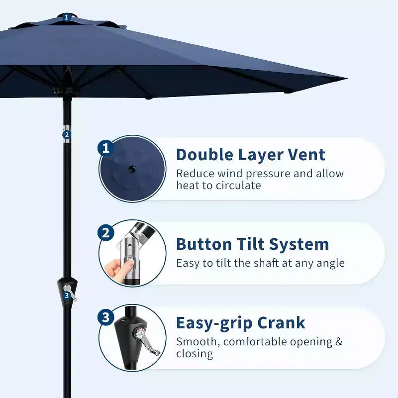 Parasol rond de 3 m, rotation à 360° par manivelle, inclinaison par bouton-poussoir, 8 baleines, protection UV imperméable, sans lumières, pour terrasse de piscine, cour, jardin
