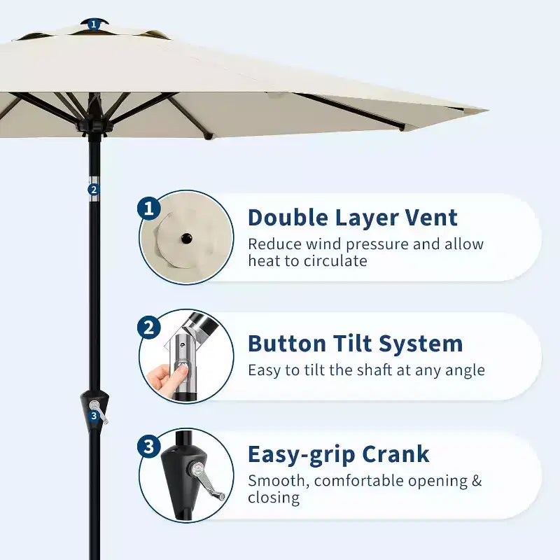 Parasol rond de 3 m, rotation à 360° par manivelle, inclinaison par bouton-poussoir, 8 baleines, protection UV imperméable, sans lumières, pour terrasse de piscine, cour, jardin