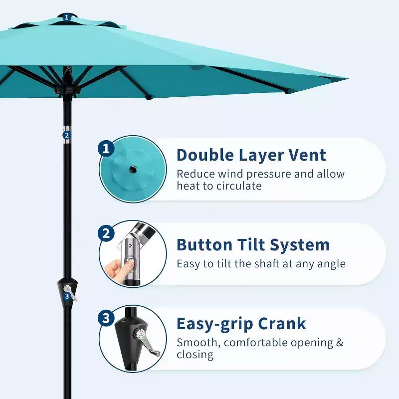 Parasol rond de 3 m, rotation à 360° par manivelle, inclinaison par bouton-poussoir, 8 baleines, protection UV imperméable, sans lumières, pour terrasse de piscine, cour, jardin