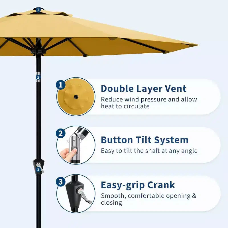 Parasol rond de 3 m, rotation à 360° par manivelle, inclinaison par bouton-poussoir, 8 baleines, protection UV imperméable, sans lumières, pour terrasse de piscine, cour, jardin