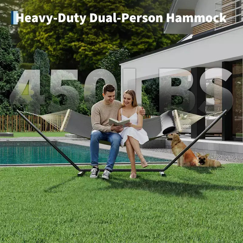 Hamac double d'extérieur avec support en acier robuste et réglable, hamac portable 2 personnes pour patio, jardin, plage, arrière-cour, capacité de 204 kg pour la relaxation