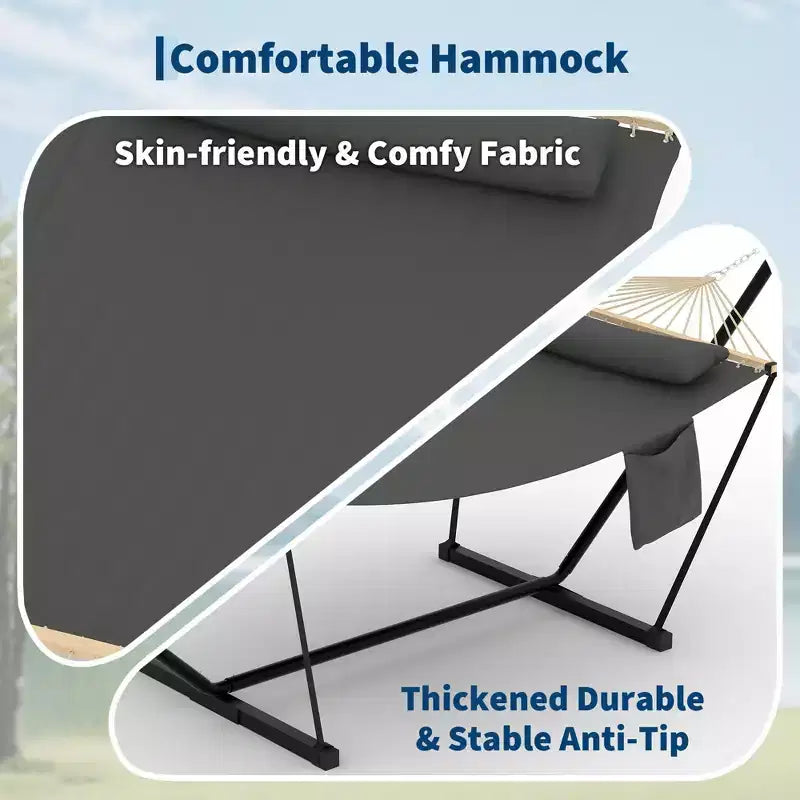 Hamac double d'extérieur avec support en acier robuste et réglable, hamac portable 2 personnes pour patio, jardin, plage, arrière-cour, capacité de 204 kg pour la relaxation