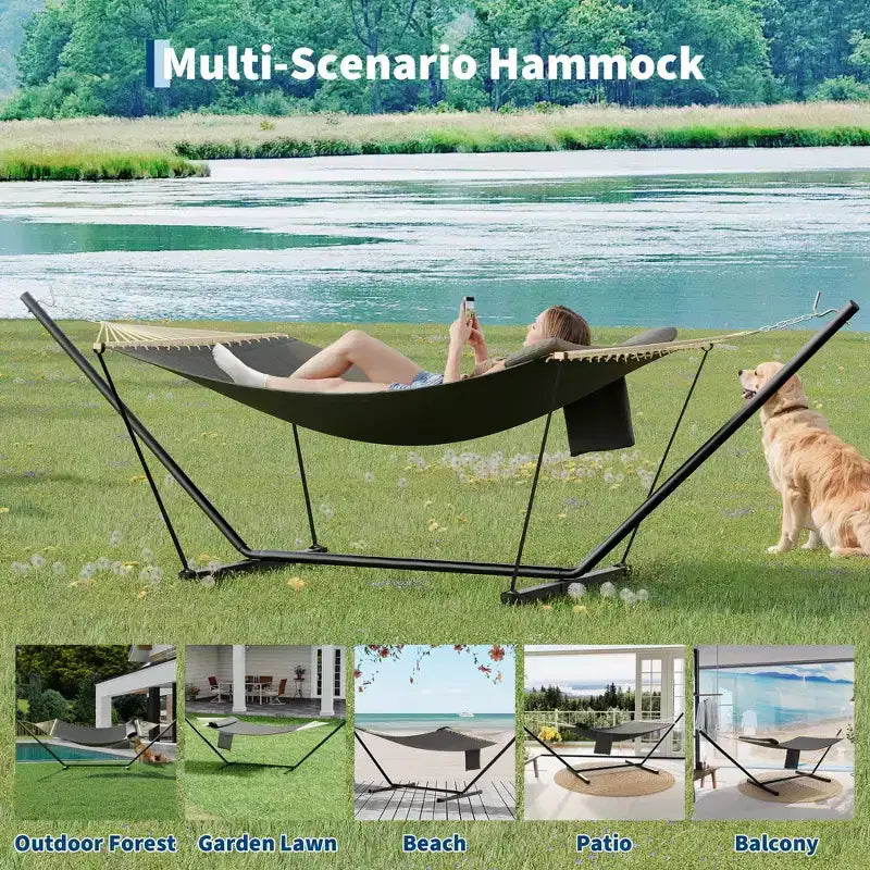 Hamac double d'extérieur avec support en acier robuste et réglable, hamac portable 2 personnes pour patio, jardin, plage, arrière-cour, capacité de 204 kg pour la relaxation