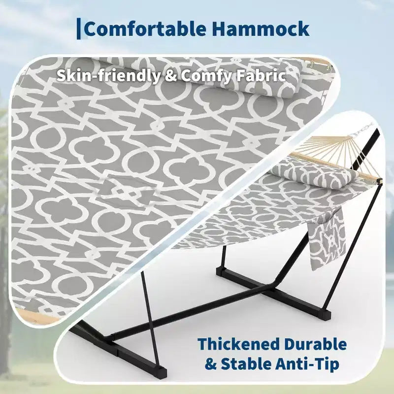 Hamac double d'extérieur avec support en acier robuste et réglable, hamac portable 2 personnes pour patio, jardin, plage, arrière-cour, capacité de 204 kg pour la relaxation
